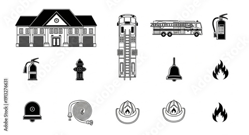 Firefighter equipment and symbols illustration set.