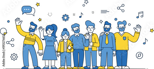 Teamwork illustration, group collaboration, social interaction, community concept, cartoon people, digital communication, modern networking, creative icons, business team, friendly gathering