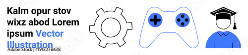 Gear, game controller with buttons, graduate cap with facial outline alongside placeholder text. Ideal for education, gaming, technology, learning, mechanics, design thinking simple landing page