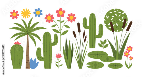 Colorful collection of various stylized garden and wild plants, including cactuses, a palm tree, cattails, and bright flowers.