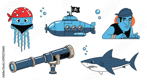 Fun collection of five quirky, blue-toned pirate and sea-themed illustrations, including a jellyfish, shark, submarine, and spyglass.