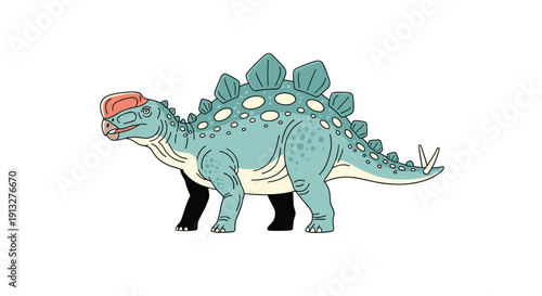 Whimsical illustration of a friendly Stegosaurid dinosaur with blue-green skin and a slightly cartoonish, detailed appearance.