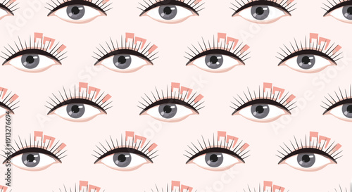 Modern and stylish seamless repeating pattern of stylized gray eyes with long black lashes on a pale pink background design.