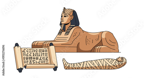 Collection of three ancient Egyptian historical icons, including the Great Sphinx of Giza, a mummy, and a hieroglyphic papyrus scroll.