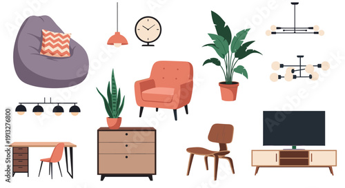 Collection of stylish modern furniture and home decor items for a living room or office, including chairs, lamps, and a TV.