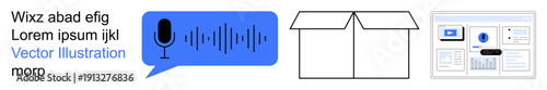 Speech recognition, e-commerce, packaging, interface design, communication, technology. Blue speech bubble with microphone and soundwaves, open box and digital interface layout. Speech recognition