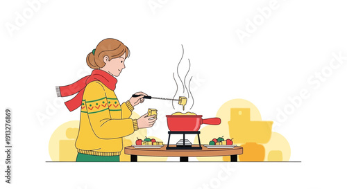 Woman Preparing Delicious Cheese Fondue In A Cozy And Warm Winter Setting