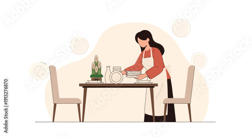 Woman Preparing Dining Table With Plates And Decorations In Minimalist Style