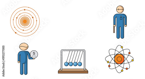 Set of six science and physics related icons including a solar system model, a professor, a Newton's cradle, and two atomic models.