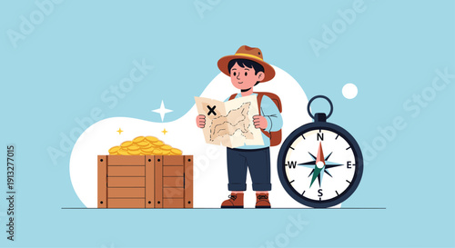 Young boy adventurer holding a treasure map stands next to an open chest of gold coins and a large compass on a blue background.