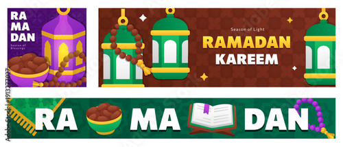 Set of Eid Mubarak flat banners, cards with cartoon Muslim icons - Quran, Crescent moon, Lanterns, Prayer beads, Dates for Iftar and Islamic arabesque pattern with bold Ramadan Kareem text.