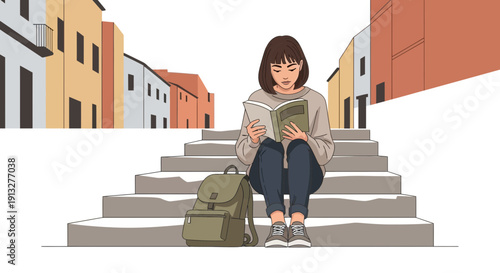 Woman Reading Book on Stairs Enjoying Urban Life in a Quiet Moment