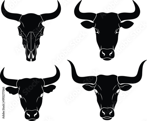 Stylized bull skull and strong bull head silhouettes collection in black vector art design for branding, culture, logo, tattoo, and decorationStylized 