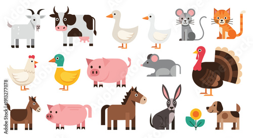 Large collection of cute cartoon farm and domestic animals in a simple, flat geometric style isolated on a white background.