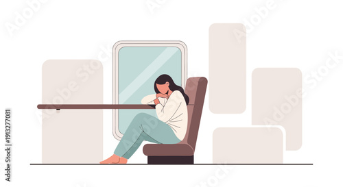 Woman Resting On A Train, Contemplating, Solitude, Serene Journeying, Traveling, Comfort