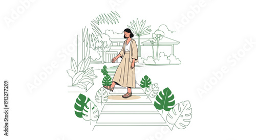 Woman Strolling In A Tropical Garden With Greenery And Modern Architecture