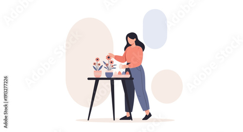 Woman Tending To Potted Flowers And Eggs On Table