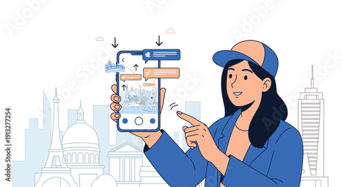 Woman Using Mobile App to Discover Travel Destinations and City Landmarks