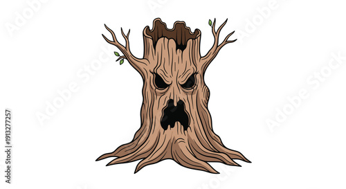 A spooky haunted tree with a scary evil face and bare branches, perfect for Halloween designs, isolated on white background.