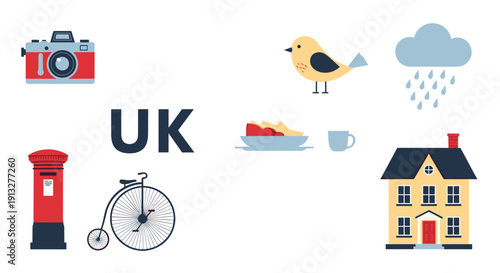 Set of cute flat icons representing United Kingdom culture and symbols, including a postbox, tea, and a penny-farthing.