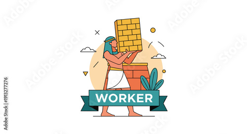 A flat design illustration of an ancient Egyptian worker in traditional clothing building a wall with bricks and mortar.