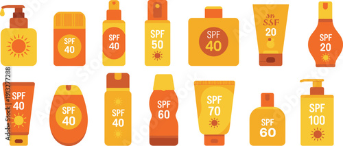 Sunscreen container illustration set, SPF bottles and tubes in various shapes, pump, spray, stick applicators, sun protection product vector artwork design