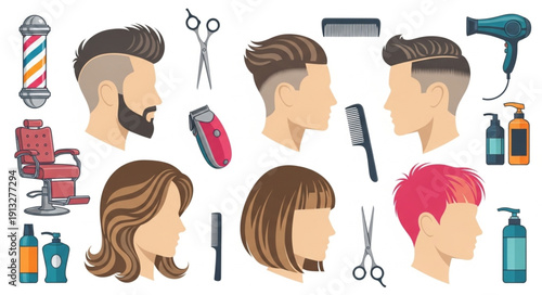 Collection of Hairstyles and Barber Tools.