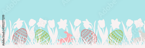 Easter Eggs , Flowers and Bunnies Seamless Border