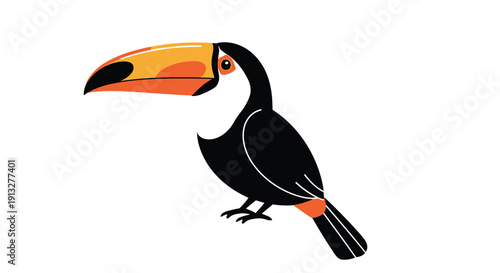 Simple and elegant illustration of a Toco toucan with its characteristic large, colorful orange beak isolated on a white background.