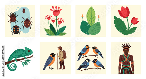 Set of eight diverse square illustrations featuring nature, animals, and people in a charming, slightly pixelated folk art style.