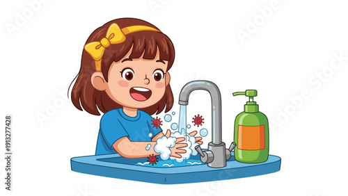 Little girl brushing teeth with toothpaste at bathroom sink happy morning routine