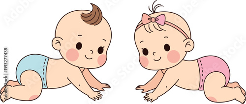 “Cartoon illustrations of crawling babies in blue and pink outfits symbolizing childhood, parenting, diversity, and playful design”