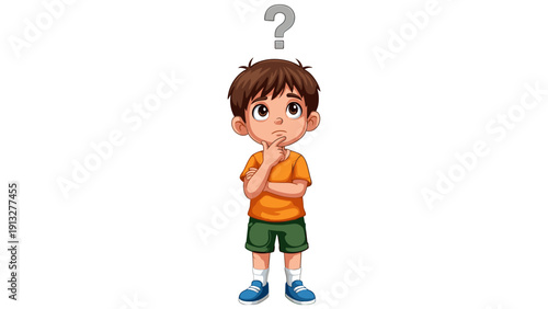 Cute child thinking with question mark cartoon illustration isolated on white background
