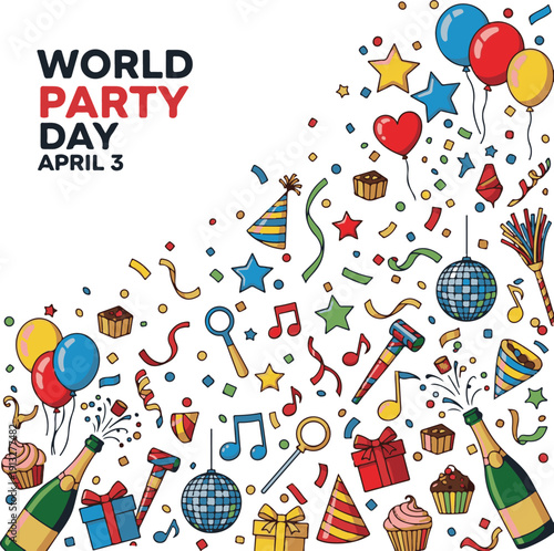 World Party Day Banner with Colorful Party Doodles and Confetti