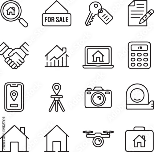 Real Estate thin line icons set. House, home, mortgage, agent, loan icon. Real estate editable stroke icon vector