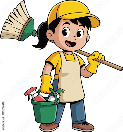 Cartoon vector illustration of cleaning worker holding broom and bucket with supplies, wearing gloves, apron, and cap in hygiene concept.