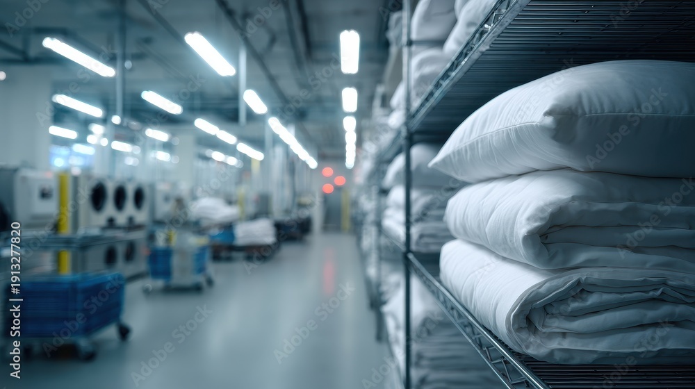 Obraz premium Interior of a large industrial laundry facility with stacks of folded white linens on shelves