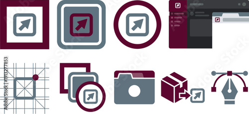 Professional enterprise style favicon export format elements with 10 deep burgundy steel grey white standard square icon rounded corner frame circular badge dark mode UI light mode technical layout 