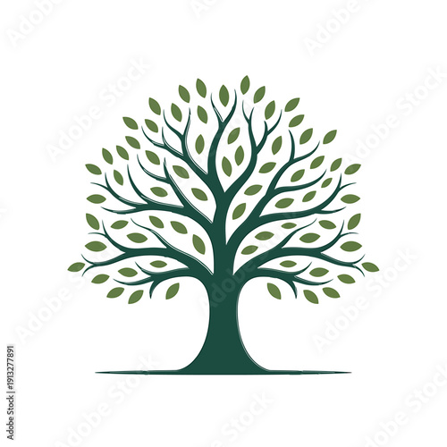 A stylized dark green tree with dense foliage and a simple trunk