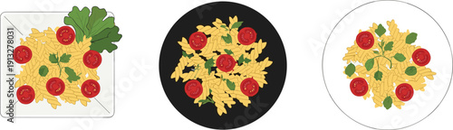 Fusilli pasta plates collection. Italian tomato basil pasta served on different dishes. Modern restaurant food flat vector illustration set.