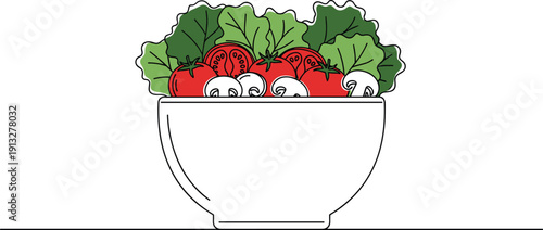 Fresh vegetable salad bowl illustration. Tomato, lettuce and mushroom healthy food concept. Minimal line art flat vector design.