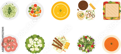 Restaurant menu food icons set. Ravioli, risotto, soups, pasta and salads collection. Modern flat design cuisine vector illustration bundle.