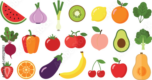 Fresh fruits and vegetables collection set. Healthy organic food icons including watermelon, avocado, tomato and broccoli. Flat design vector illustration bundle.