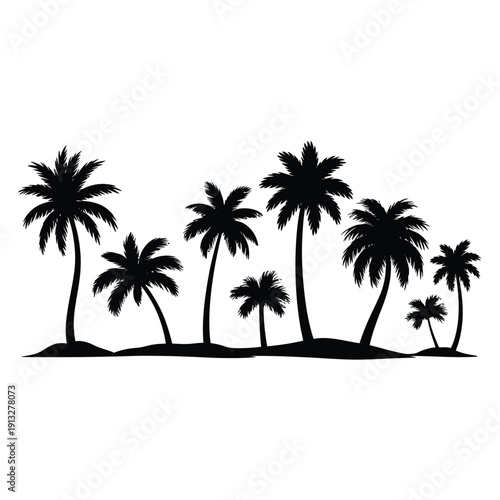 Silhouette of tropical palm trees against a stark white background