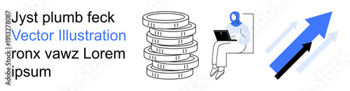 Economic progress, freelance work, digital transformation, career growth, productivity, financial security. Stack of coins, person on laptop growing arrows. Economic progress and freelance work