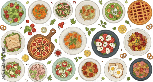 Italian food top view collection. Pizza, pasta, salad and dessert plates set. Traditional Mediterranean cuisine menu, restaurant meal vector illustration.