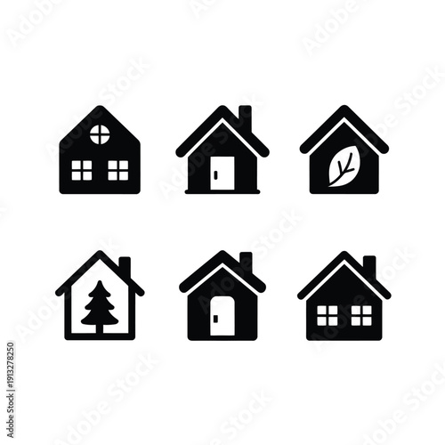 Simple black and white icons depicting various styles of houses
