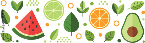 Fresh fruit and leaf elements set. Watermelon, orange, lime and avocado slices. Natural healthy food icons. Flat vector illustration pack.
