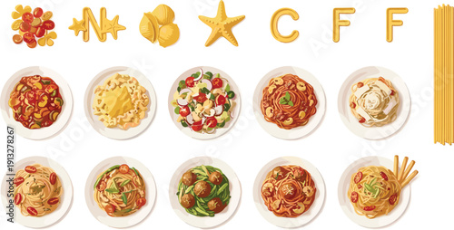 Pasta types and Italian dishes collection. Spaghetti, penne, farfalle and seafood recipes set. Traditional Italian cuisine top view food vector illustration.