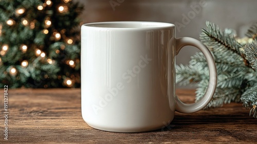 Wallpaper Mural Blank White Mug on Wooden Table with Christmas Tree in Background Mockup for Design Torontodigital.ca